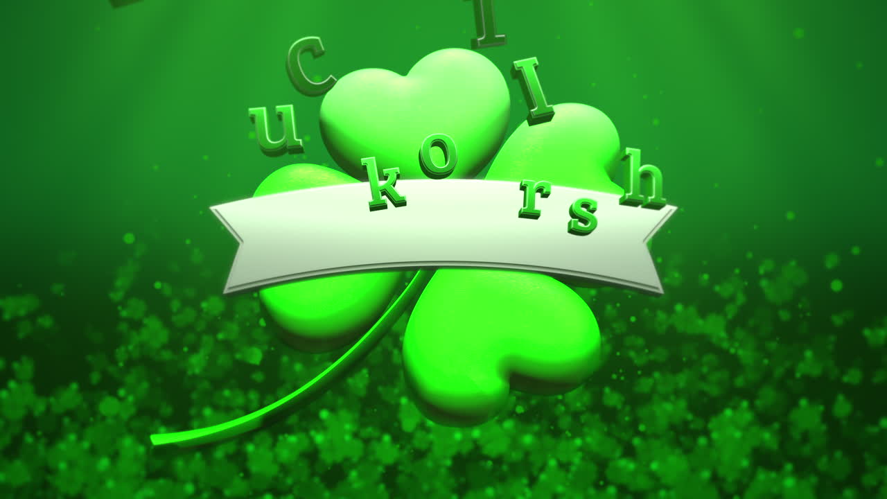 animación primer plano suerte de texto irlandés y movimiento grandes tréboles verdes en el día de san patricio fondo brillante