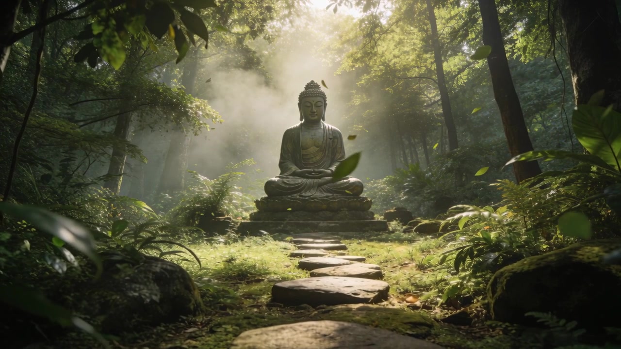 La brezza spinge le foglie verso un Buddha di pietra seduto, la telecamera si avvicina lungo un sentiero muschioso, rivelando la statua.