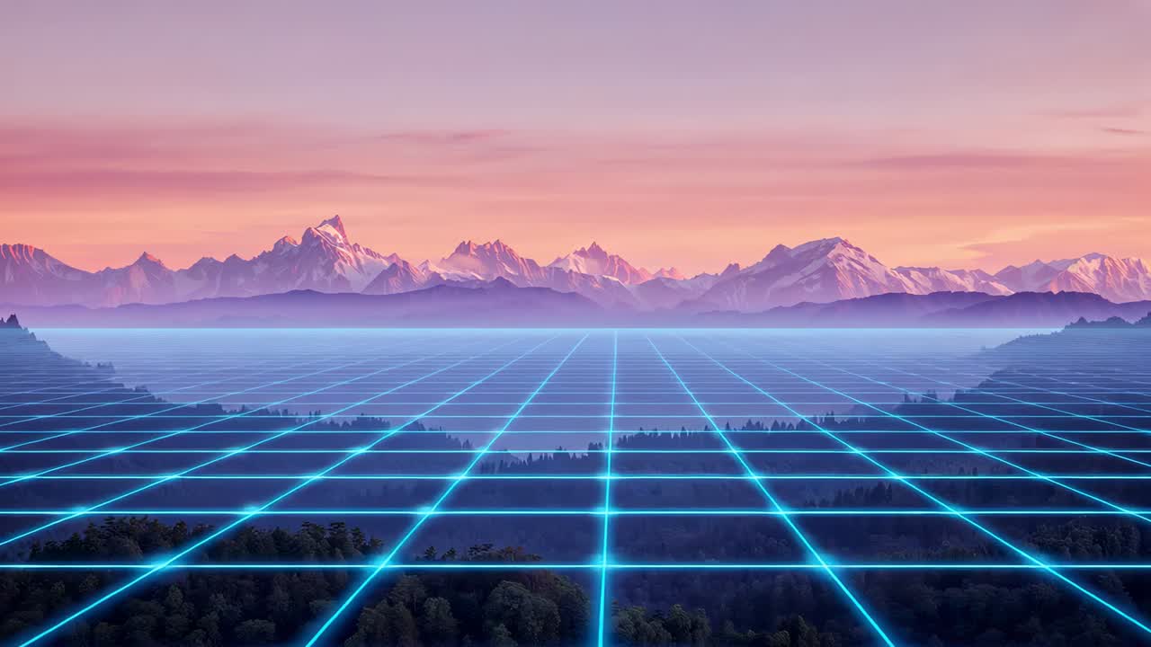 Pulsing neon-lit grid plane advancing toward mountain horizon as camera dolly starts, drawing focus