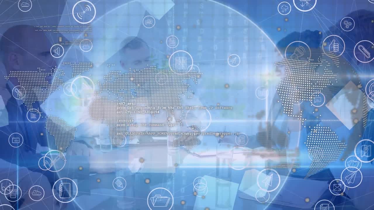 анимация сети цифровых иконок по карте мира и земному шару против бизнесменов, обсуждающих