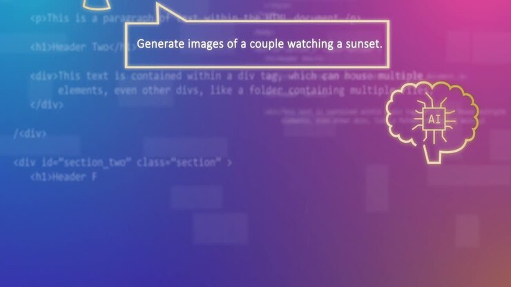 Animasjon av AI-teknologichat og bilder av solnedgang over databehandling