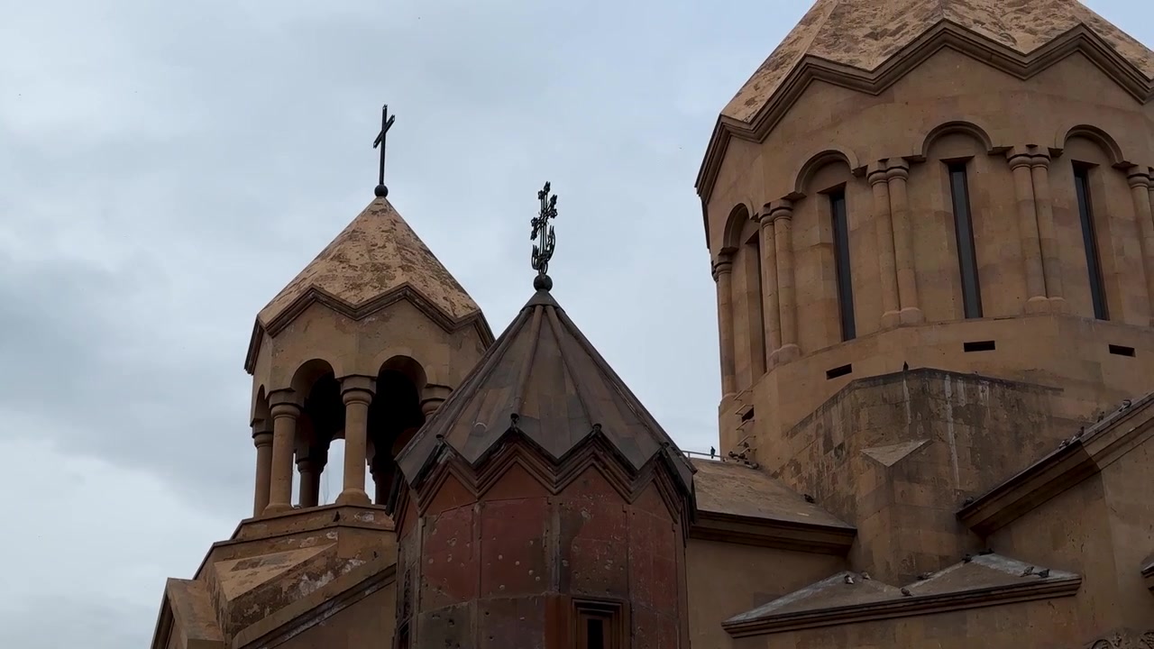 old ancient medieval roof of chapel made by stone tufa volcanic pattern zigzag in Armenian Armenia church monastery architecture dome ornament and design masonry heritage historic traditional worship