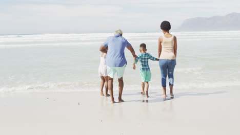 Pareja-Afroamericana-Caminando-Con-Niños-En-La-Playa-Soleada