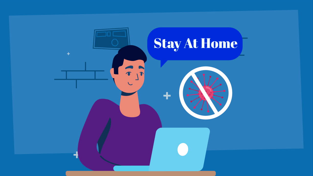 man using laptop and stop covid19 stay at home campaign