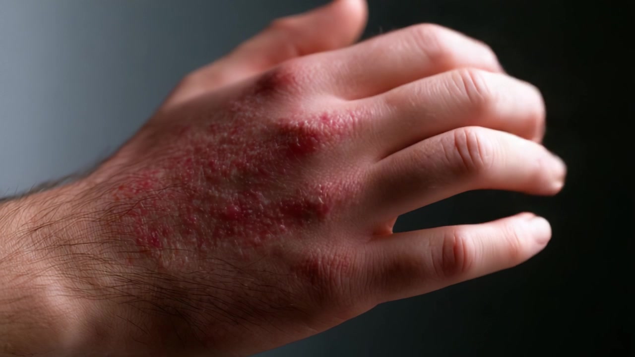 Primo piano di una mano affetta da una condizione cutanea, che evidenzia chiazze rosse e squamose che indicano infiammazione e disagio, mostrando i sintomi di un disturbo dermatologico.