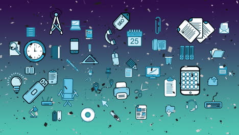 animación de los iconos de los artículos escolares en fondo verde