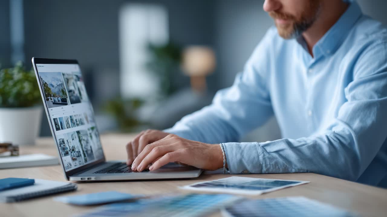 Focused Professional Engaged in Digital Design Work on Laptop, Analyzing Color Palettes and Visuals, with an Organized Workspace and Natural Light Enhancing Creativity