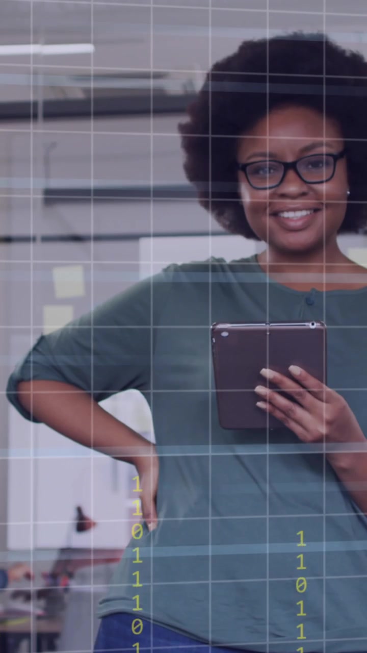 Animation of data processing over african american businesswoman in office