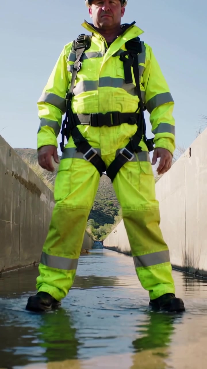 Video vertical: Cámara acercándose a un trabajador con traje de neón de pie firmemente con arnés de canaleta visible.