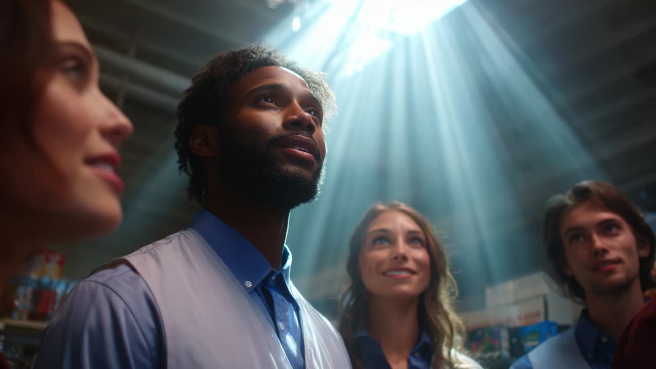 A group of four individuals experiencing a moment of awe and inspiration, illuminated by beams of light breaking through a ceiling, creating a dramatic and uplifting atmosphere in a retail environment