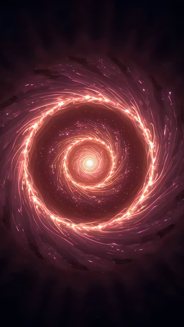 Video verticale: vortice a spirale pulsante che ruota nel vuoto oscuro, inviando scie di particelle verso il nucleo