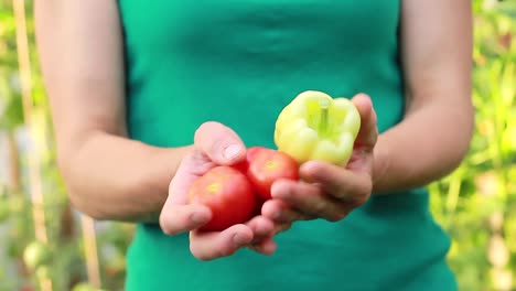 Mujer-Con-Tomates-Y-Pimientos-Con-Gente-Almacen-De-Metraje-De-Video