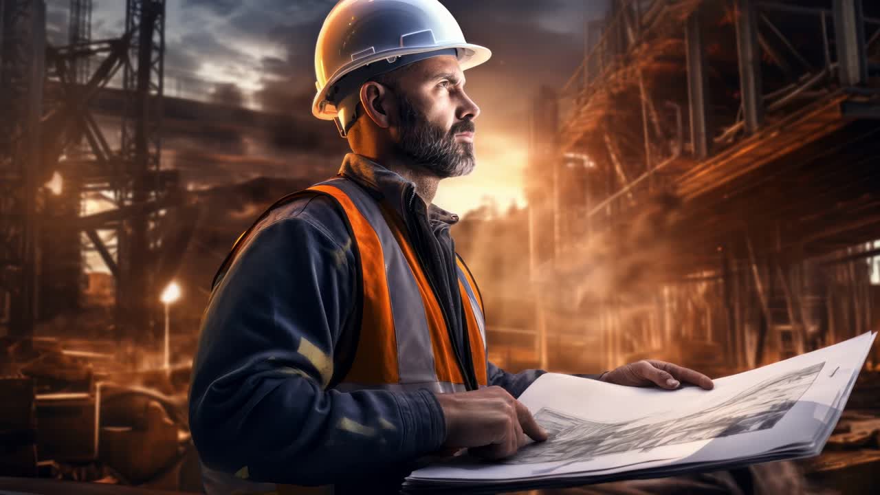 Um trabalhador da construção com chapéu e colete examina plantas em um canteiro de obras