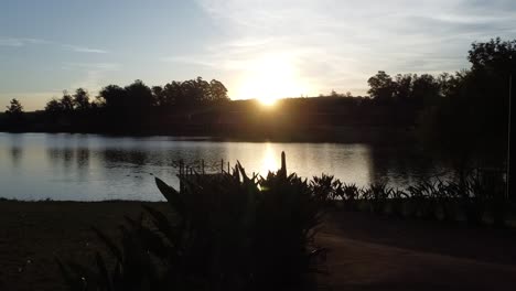 Traveling-in-a-beautiful-lake-at-sunset-with-exuberant-nature-and-water-mirror