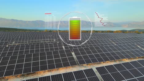 carga de la batería símbolo gráfico de movimiento en la granja de paneles solares en la naturaleza