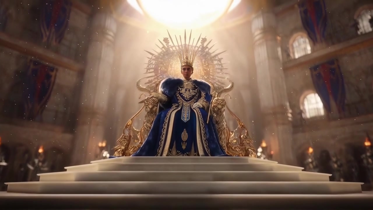 Rainha Majestosa Sentada em um Trono Dourado em um Grande Palácio de Fantasia