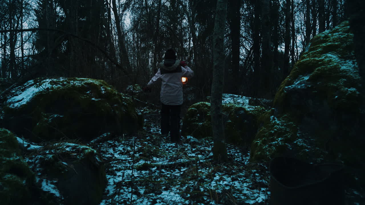 A child walks alone through a dark, snowy forest surrounded by trees and moss-covered rocks