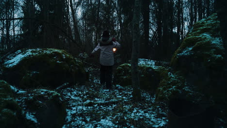 un niño camina solo a través de un bosque oscuro y nevado rodeado de árboles y rocas cubiertas de musgo