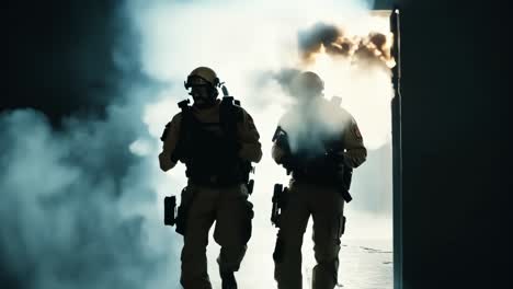 military operation in a smoky building