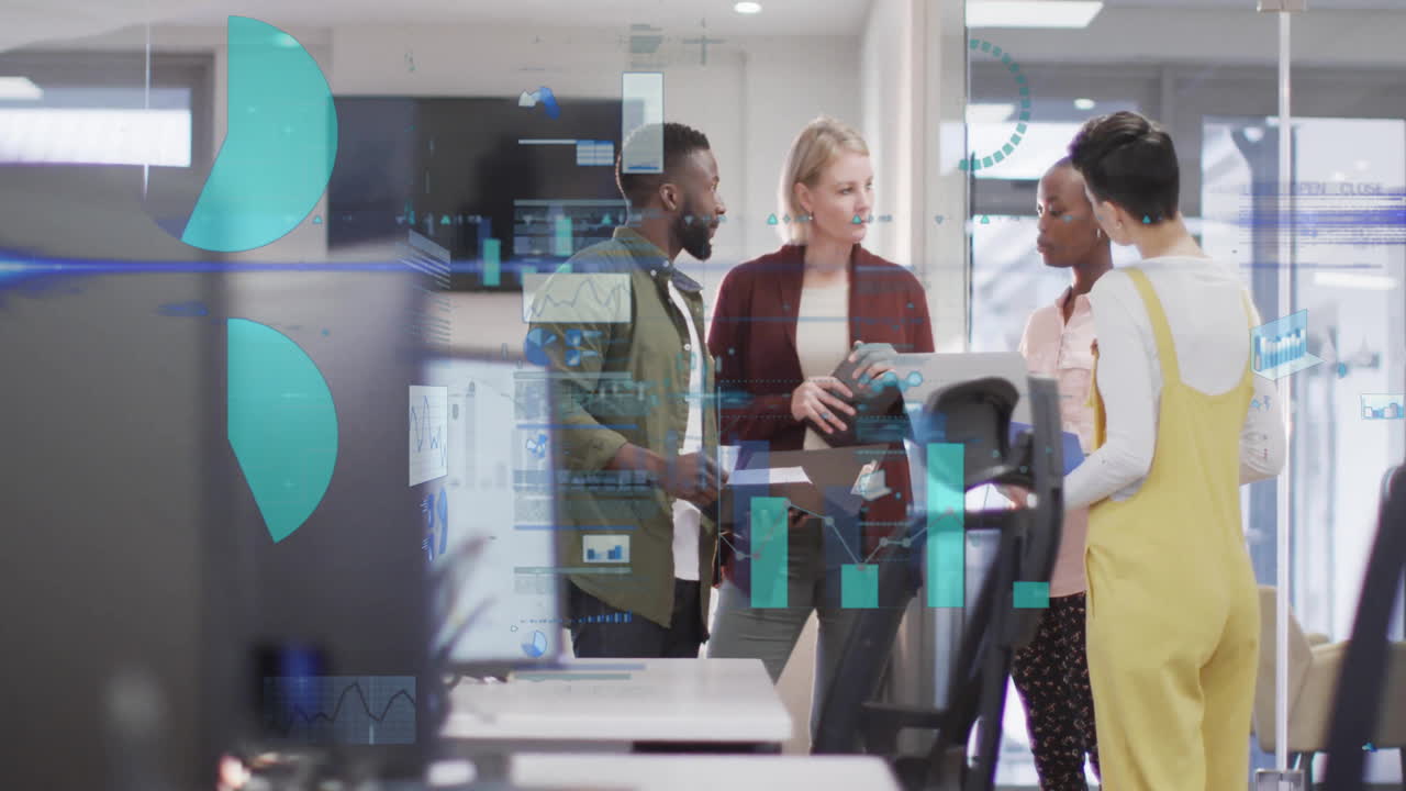 Animation of data processing and diagrams over diverse colleagues talking in office
