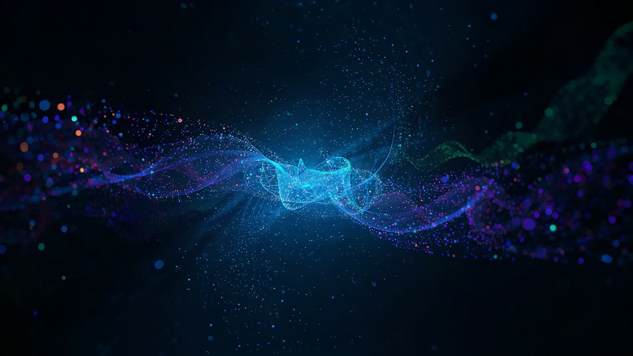 Camera pulling closer, glowing ribbon twisting shedding sparks across ...