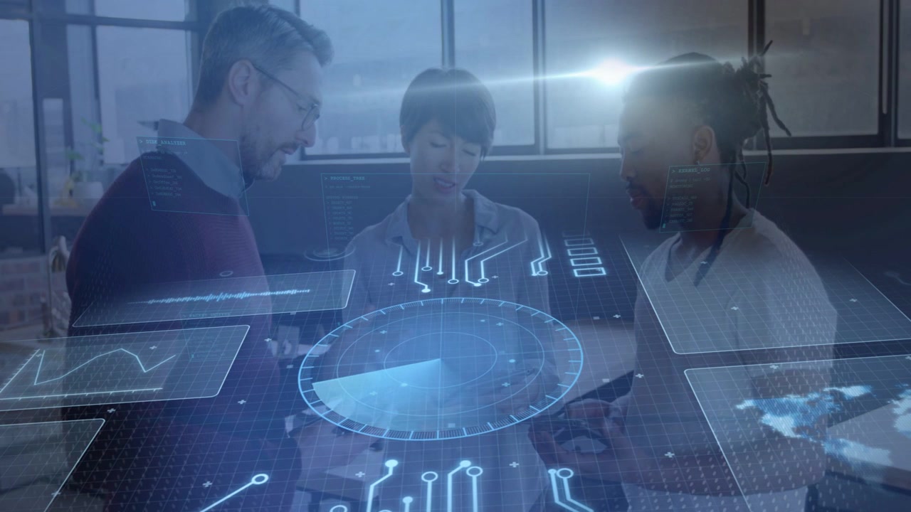 Three staff leaning over office table gesturing, blue flare forming holo UI for reviewing tech data