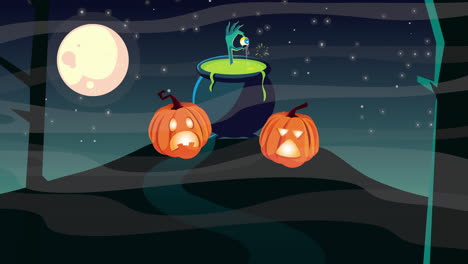 spooky halloween scene with pumpkins and cauldron