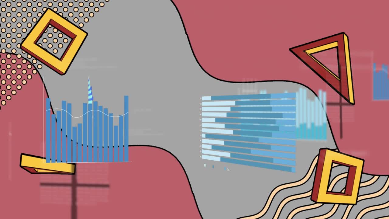 Animation of statistical data processing over abstract shapes against pink background