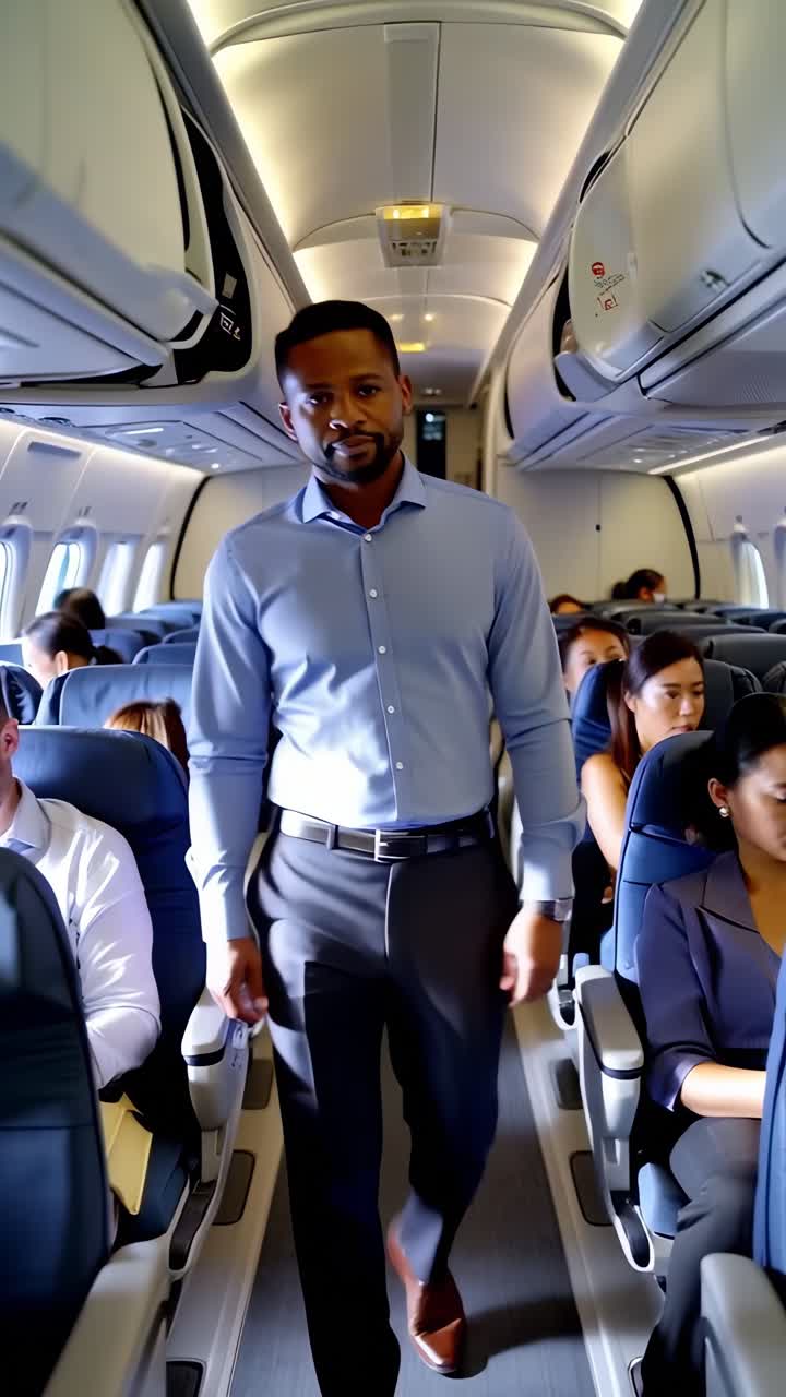 Adult Afro male walking in the cockpit of an airplane in mid-flight