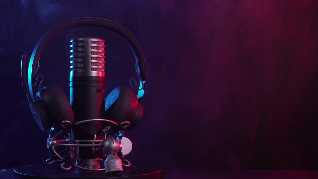 Professional Microphone and Headphones in Neon Lit Smoke