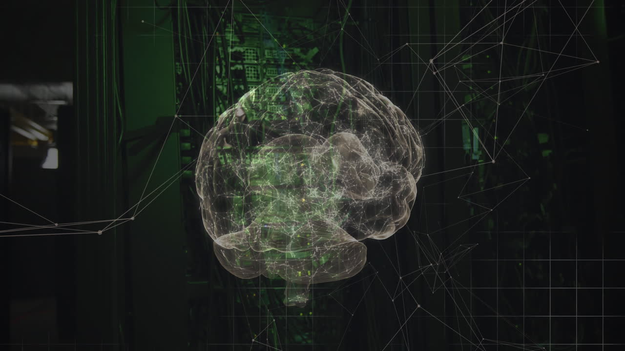 Animation of connections and digital brain over server room
