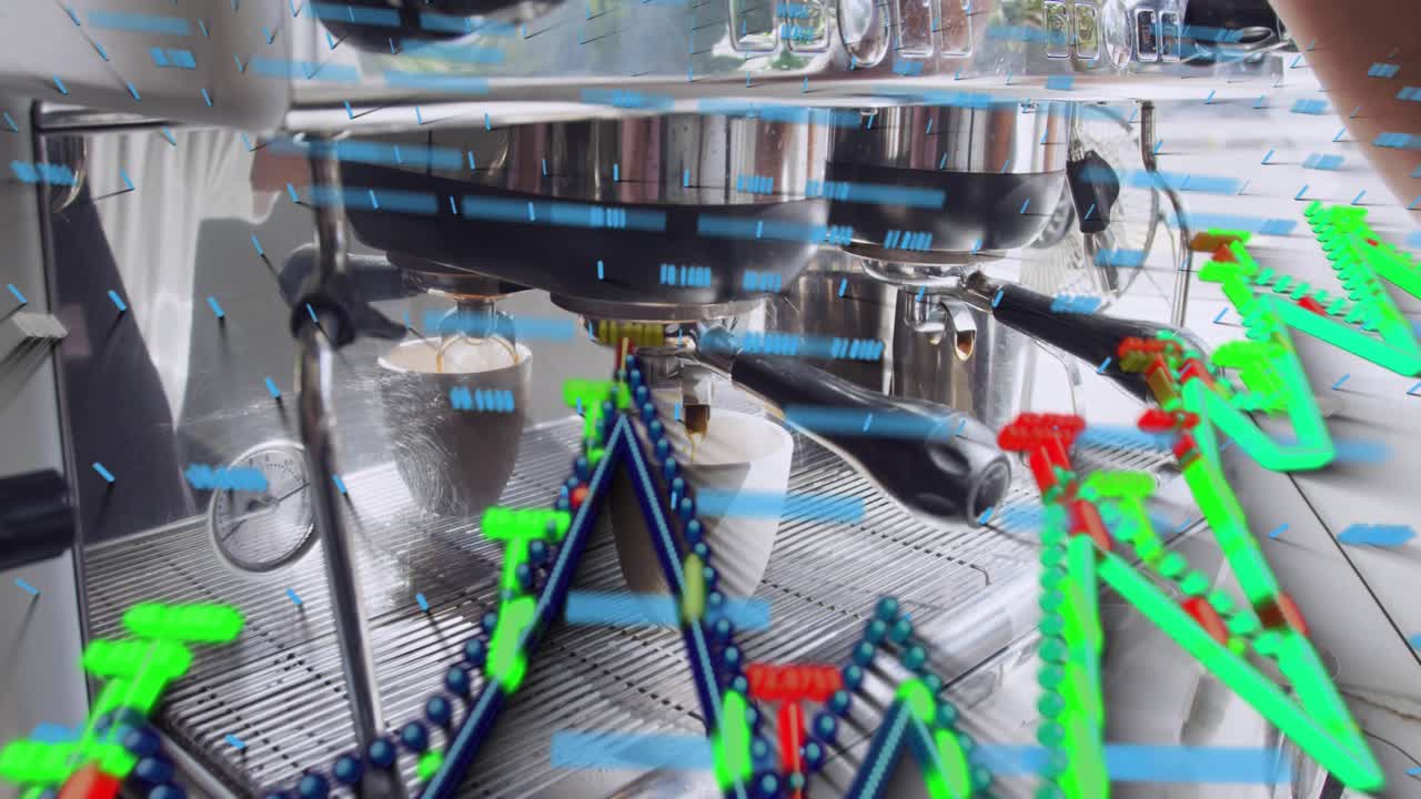 Barista locking portafilter and pulling espresso angling cup while coffee data overlays aiding QC