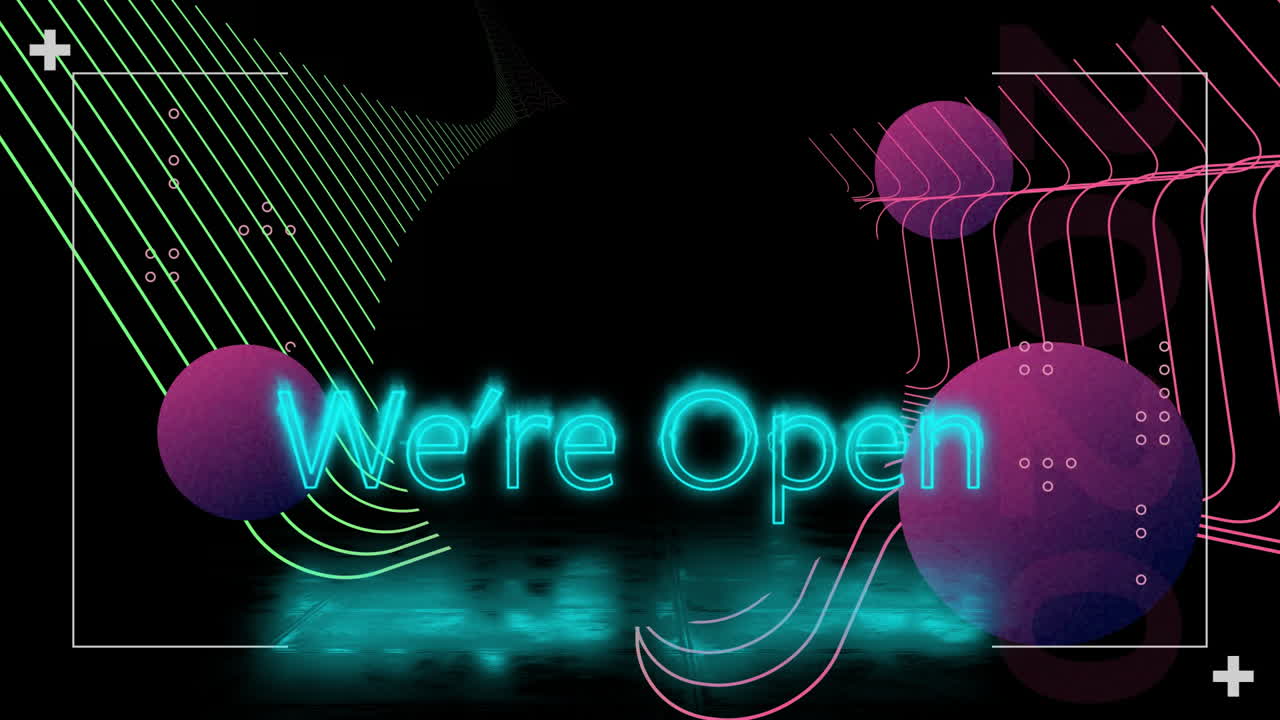 Animazione neon del testo "Siamo Aperti" con forme e linee astratte su sfondo nero