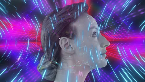 animación de la red de conexiones y luces de neón sobre la mujer