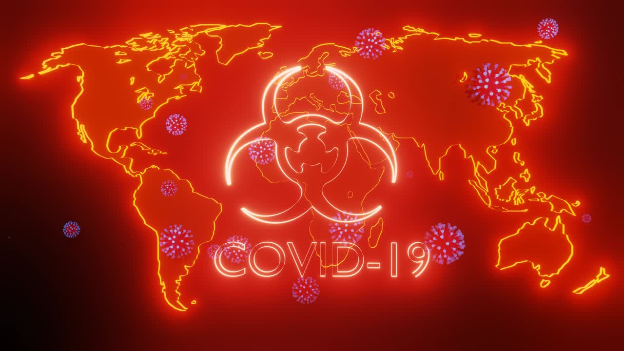 지구의 지도는 빛나는 빨간색으로 강조되어 있으며 코로나 바이러스의 입자가 그 위로 날아갑니다. 코로나바이러스 팬데의 개념 코로나19: 인류 전체에 대한 세계적 문제, 지구 격리.