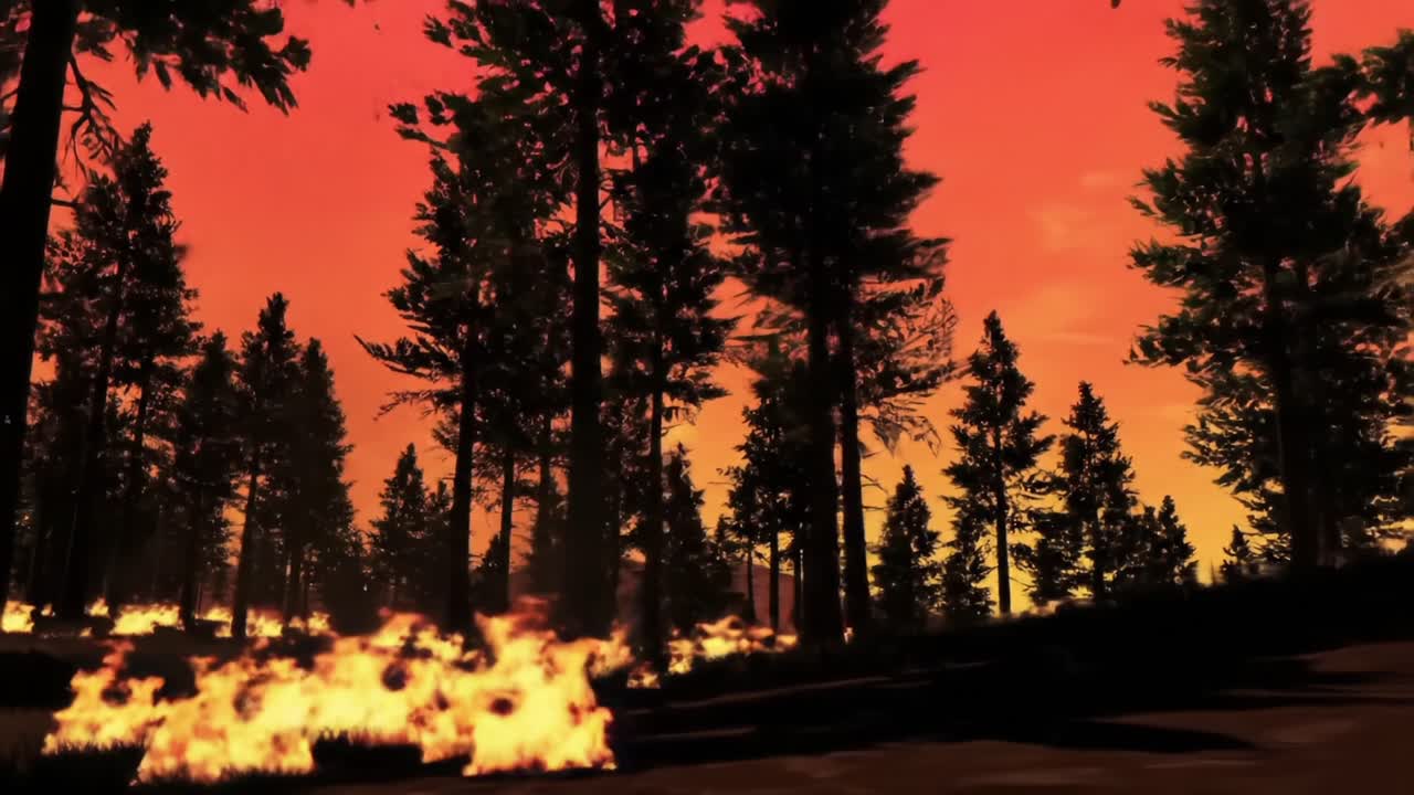 Forest Fire Spreads Rapidly During Sunset in a Mountainous Region