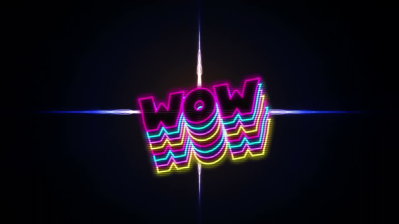검은색 배경의 빛 트레일 위에 와우 텍스트의 애니메이션