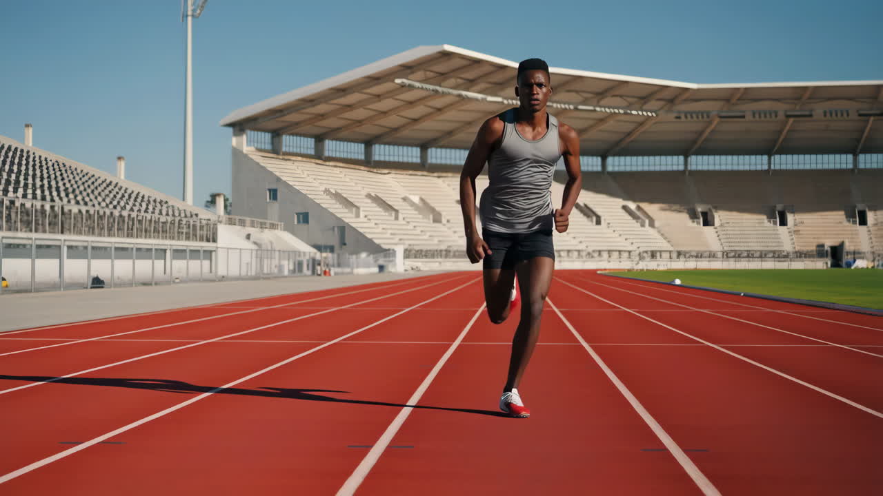 A male runner training on an athletic track in a stadium