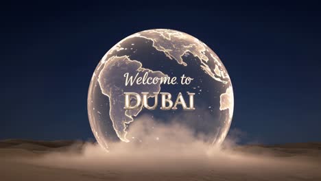 glowing transparent globe floating above moonlit desert sands, showcasing illuminated world map against dark dubai landscape with ethereal technological ambiance