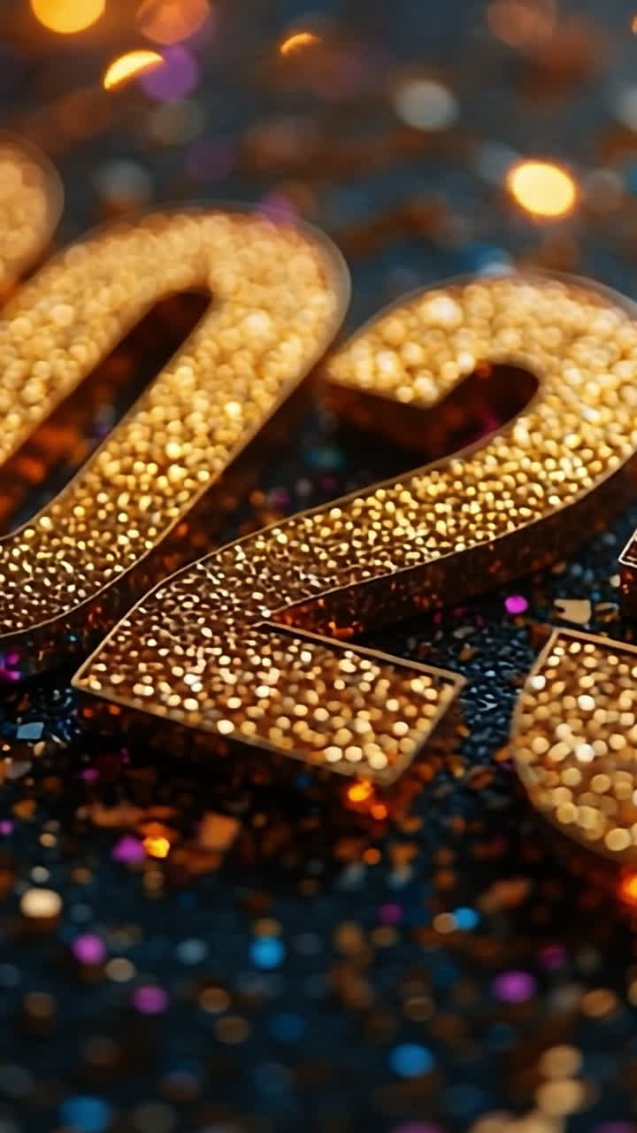 Celebrating New Year with golden 2025. Gold shimmering numbers represent the upcoming year 2025 surrounded by colorful confetti and lights for celebration.