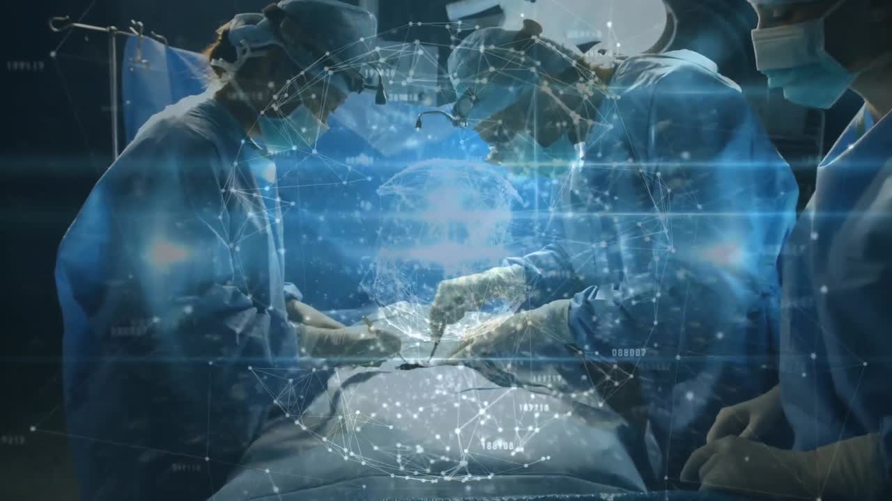 수술실의 외과 의사들에 대한 연결 네트워크와 함께 지구의 애니메이션