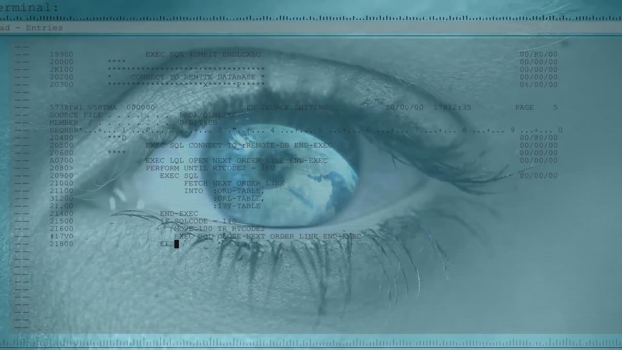 Animation of woman's blue eye opening with turning globe and scrolling digital information