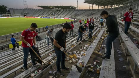 dedicated fans clean up stadium after an event, demonstrating community spirit and responsibility in maintaining a clean environment