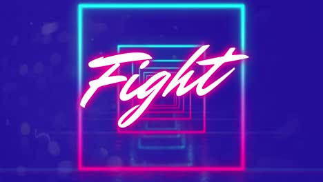 animation of fight text over neon shapes on blue background