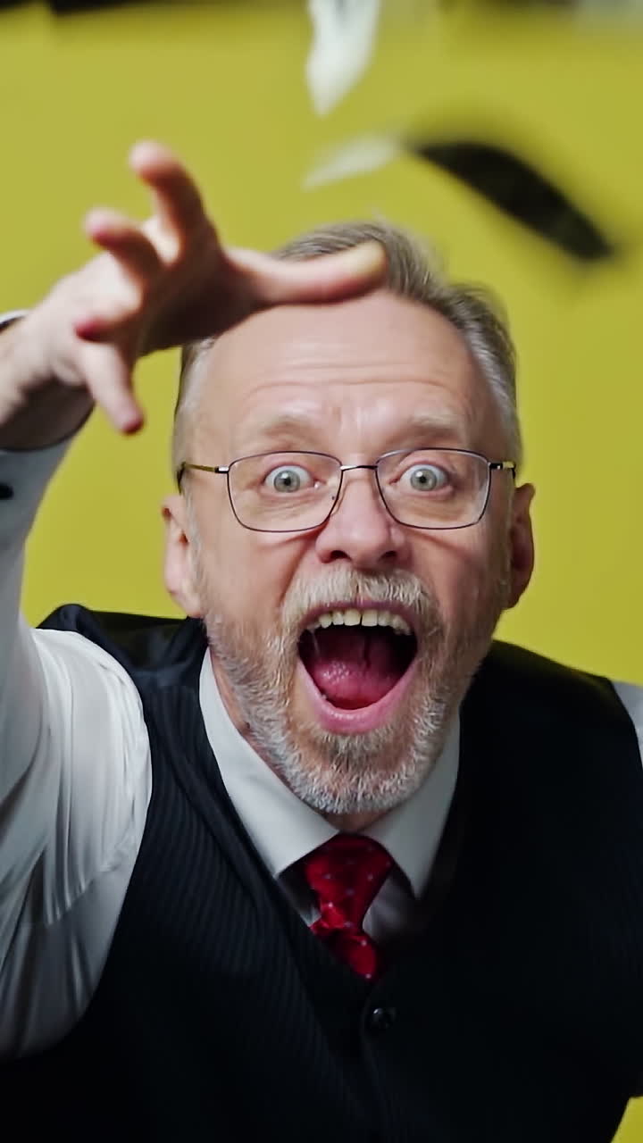 Happy elderly man throwing money. Mature man in glasses with grey hair holding dollar banknotes and throws into the air indoors. Slow motion. Vertical video
