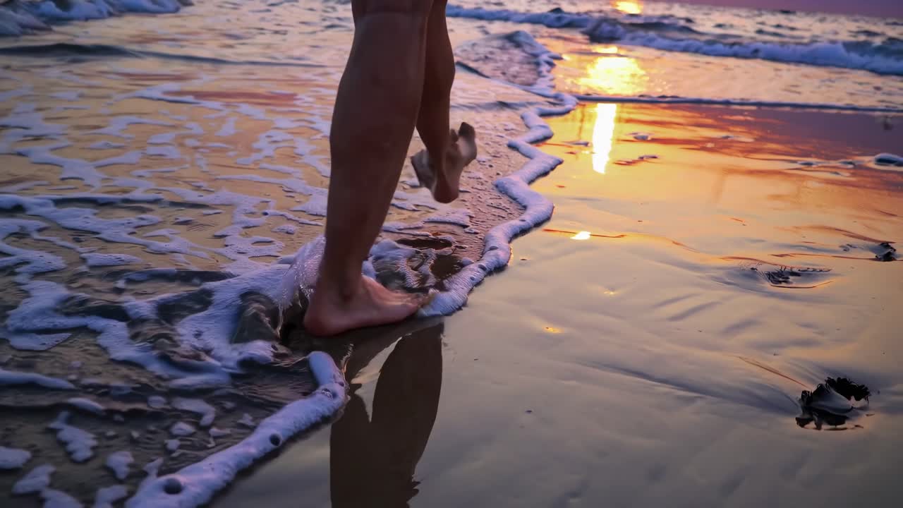 Video captures serene beach walk at sunset, focusing on feet and reflections in wet sand