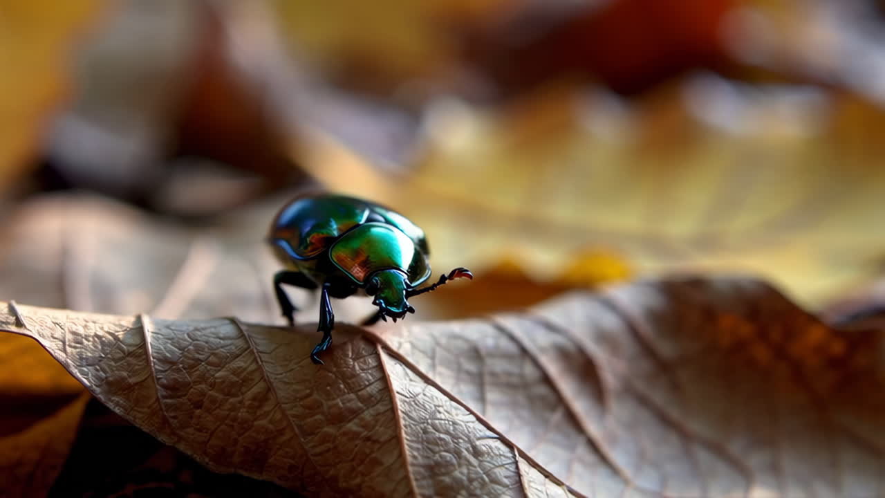 Emerald Beetle on Autumn Leaves