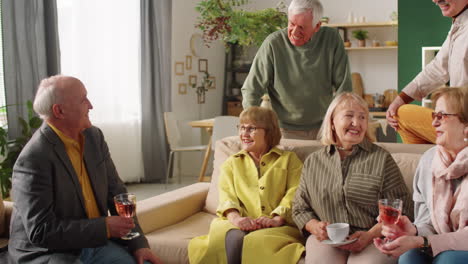 company of senior friends chatting at home party