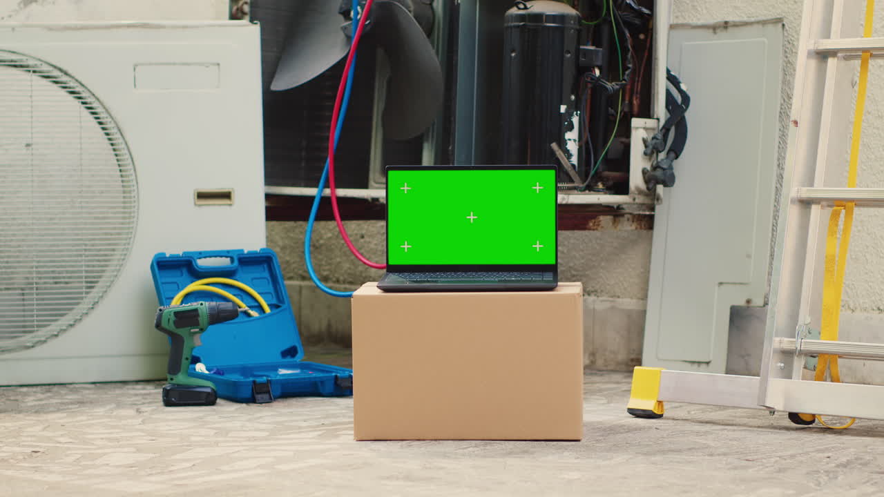 에어컨이 있는 녹색 스크린 노트북