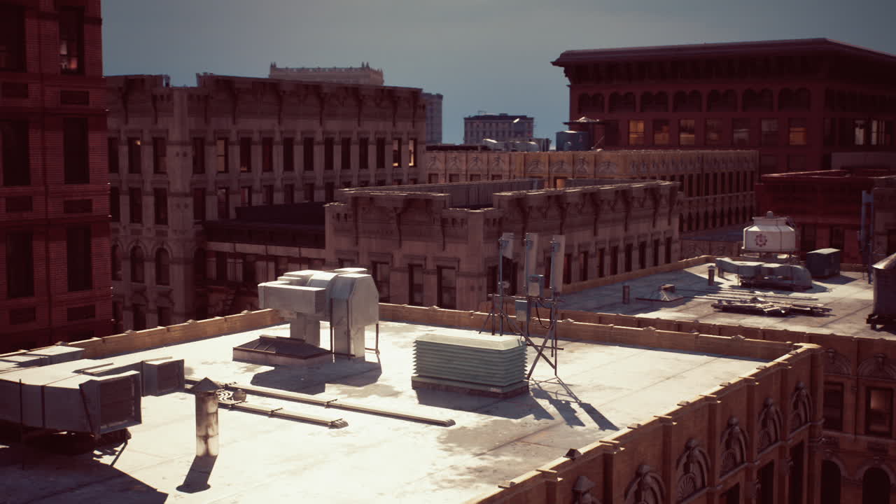 Rooftop view of historic buildings under a moody sky in downtown area